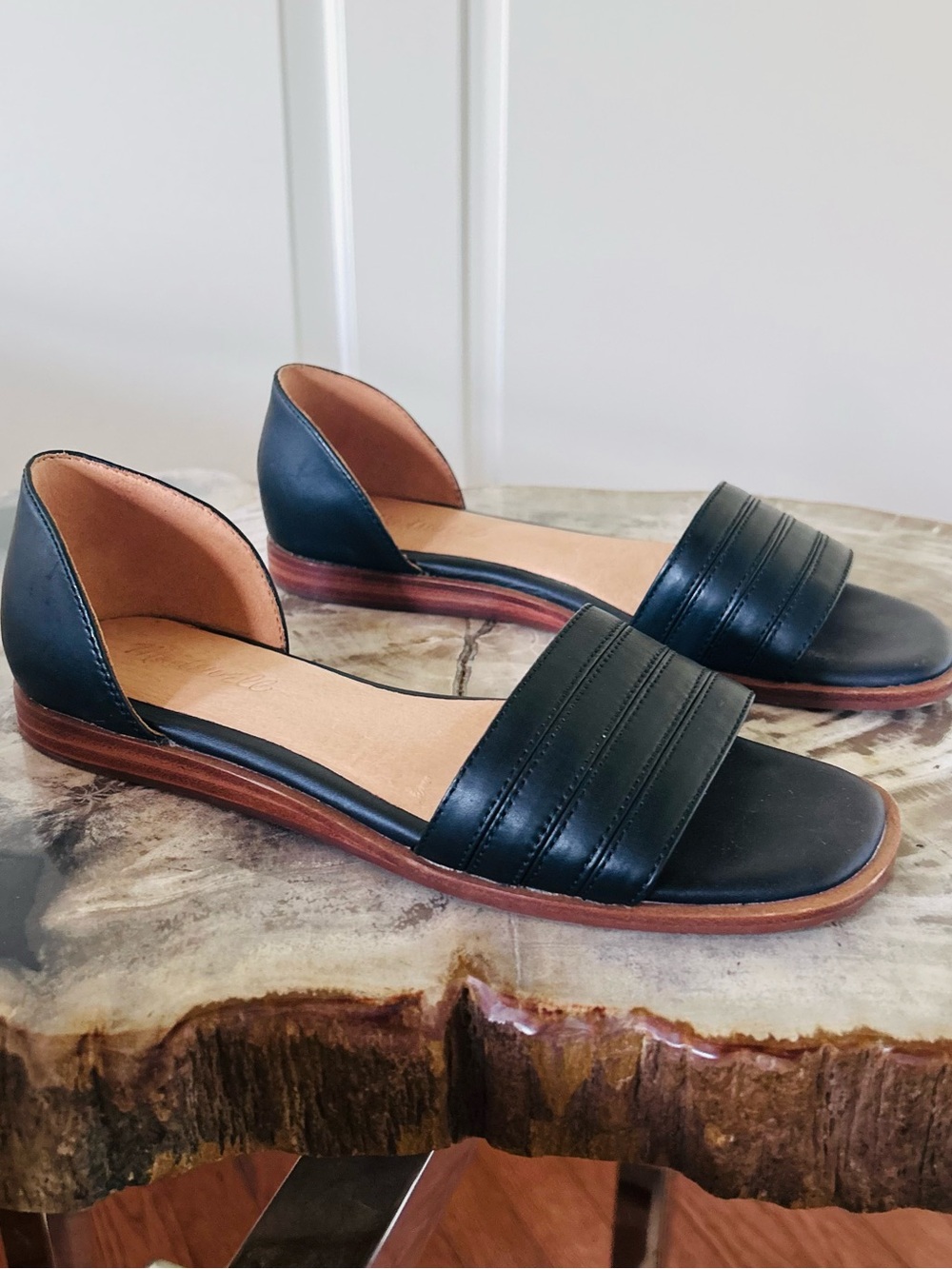 Madewell Black Leather D'Orsay Flat Sandals - Women's Elegant Summer Shoes